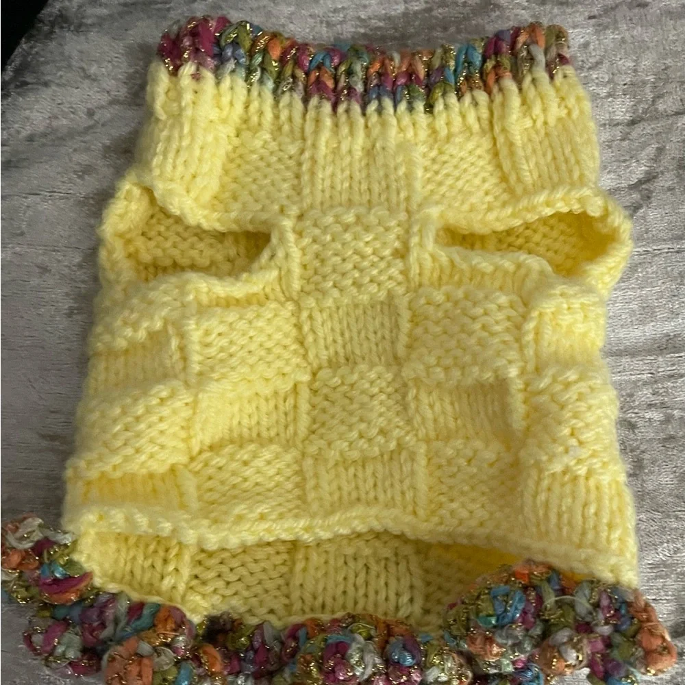 Butter Yellow Hand-Knit Dog Sweater Dress, Glitter Ruffle Collar, Small, New